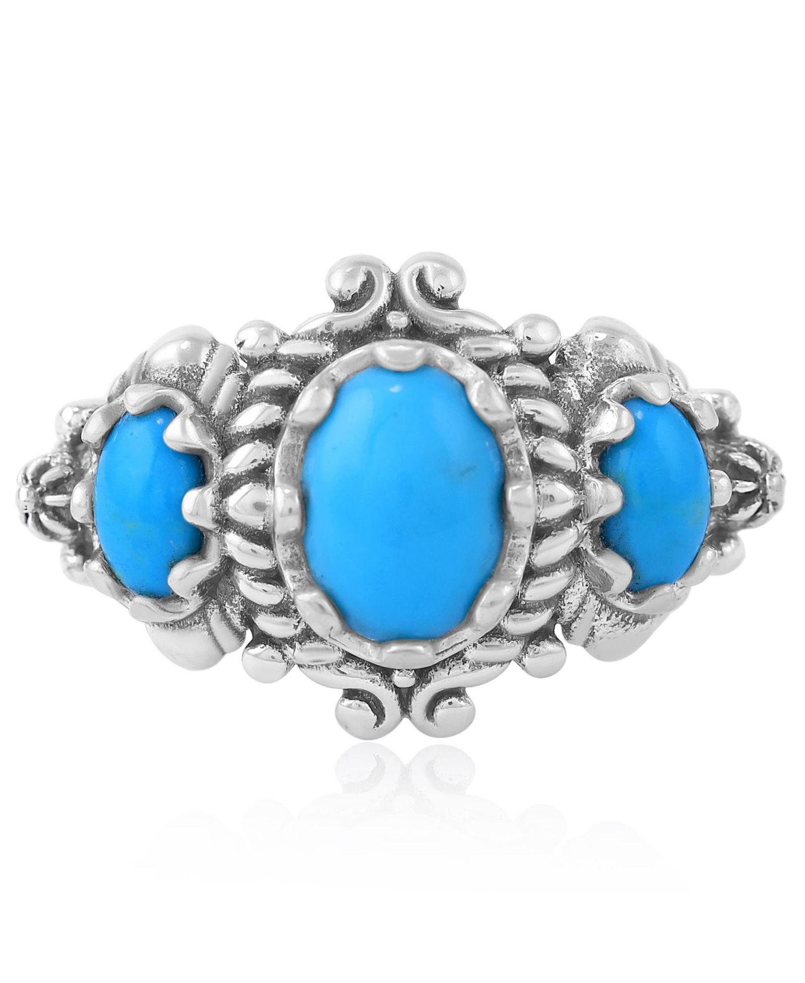 American West Jewelry Kingman Turquoise Oval Scalloped Bezel Ring Sterling Silver