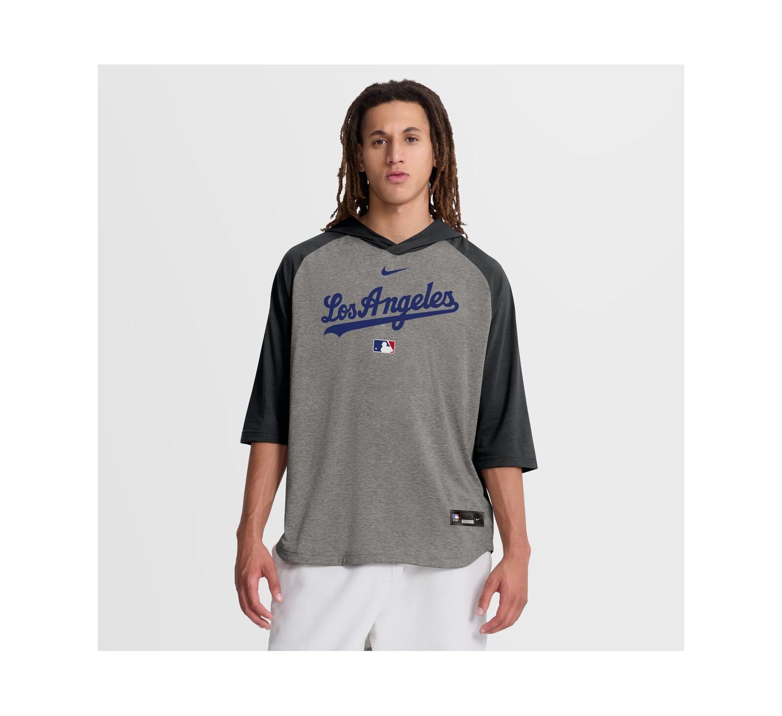 Nike Men's Gray Los Angeles Dodgers Authentic Collection Flux Dri-FIT Raglan 3/4-Sleeve Hooded T-Shirt