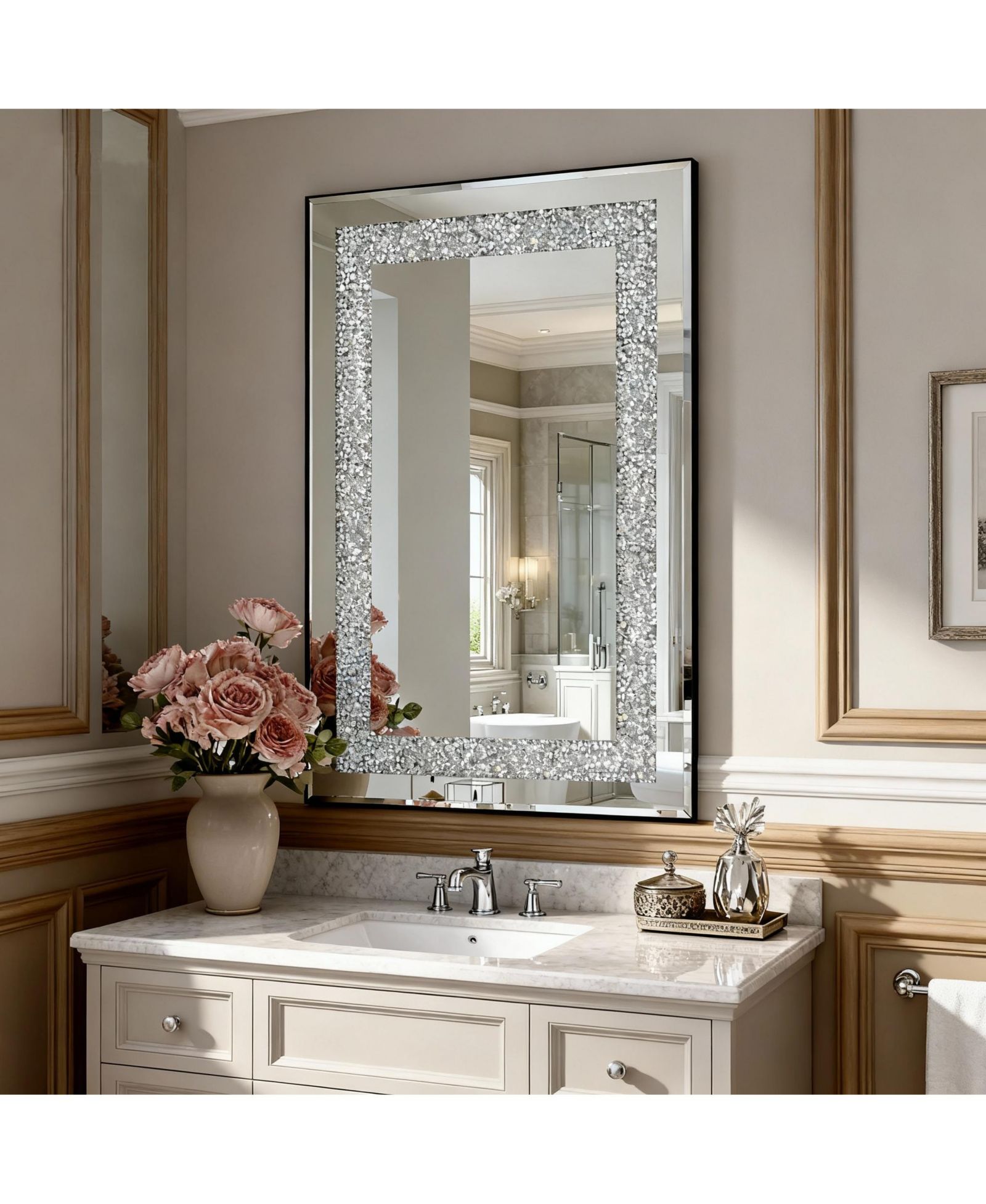 BUSDAYS декоративное настенное зеркало с эффектом хрустальной крошки и серебряным оттенком, скошенный край, для гостиной, спальни или прихожей