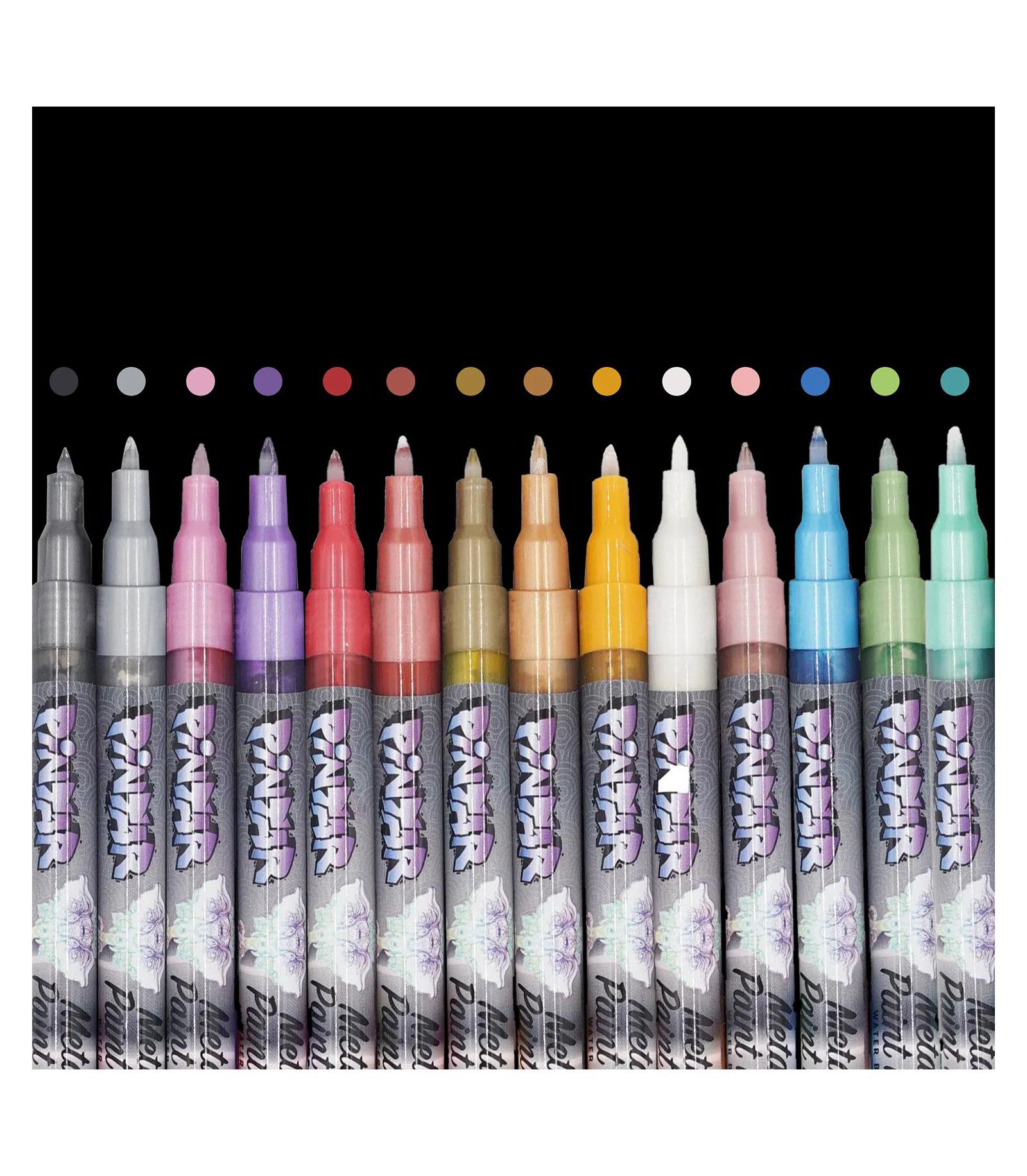 PINTAR Metallic Markers Paint - маркеры с ультратонким наконечником 0.7mm, акриловые для росписи камней, дерева, стекла, кожи, обуви - упаковка 14 шт