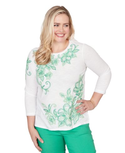 Топ Alfred Dunner Petite Resort Living Tropical Flower Embroidered Crew Neck