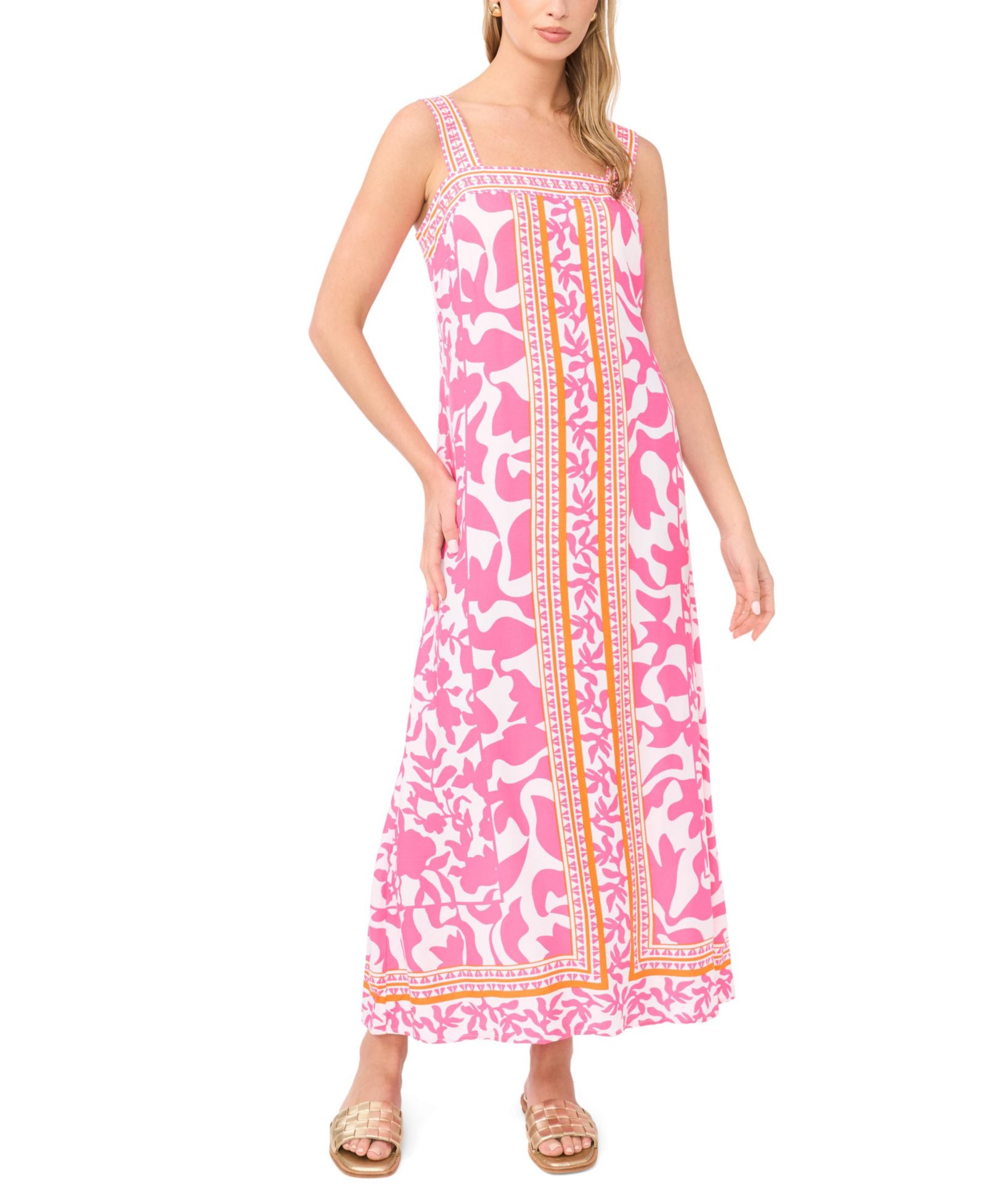Vince Camuto Women's Printed Square-Neck Smocked-Back Sleeveless Maxi Dress