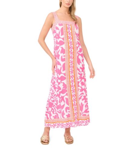Vince Camuto Women's Printed Square-Neck Smocked-Back Sleeveless Maxi Dress