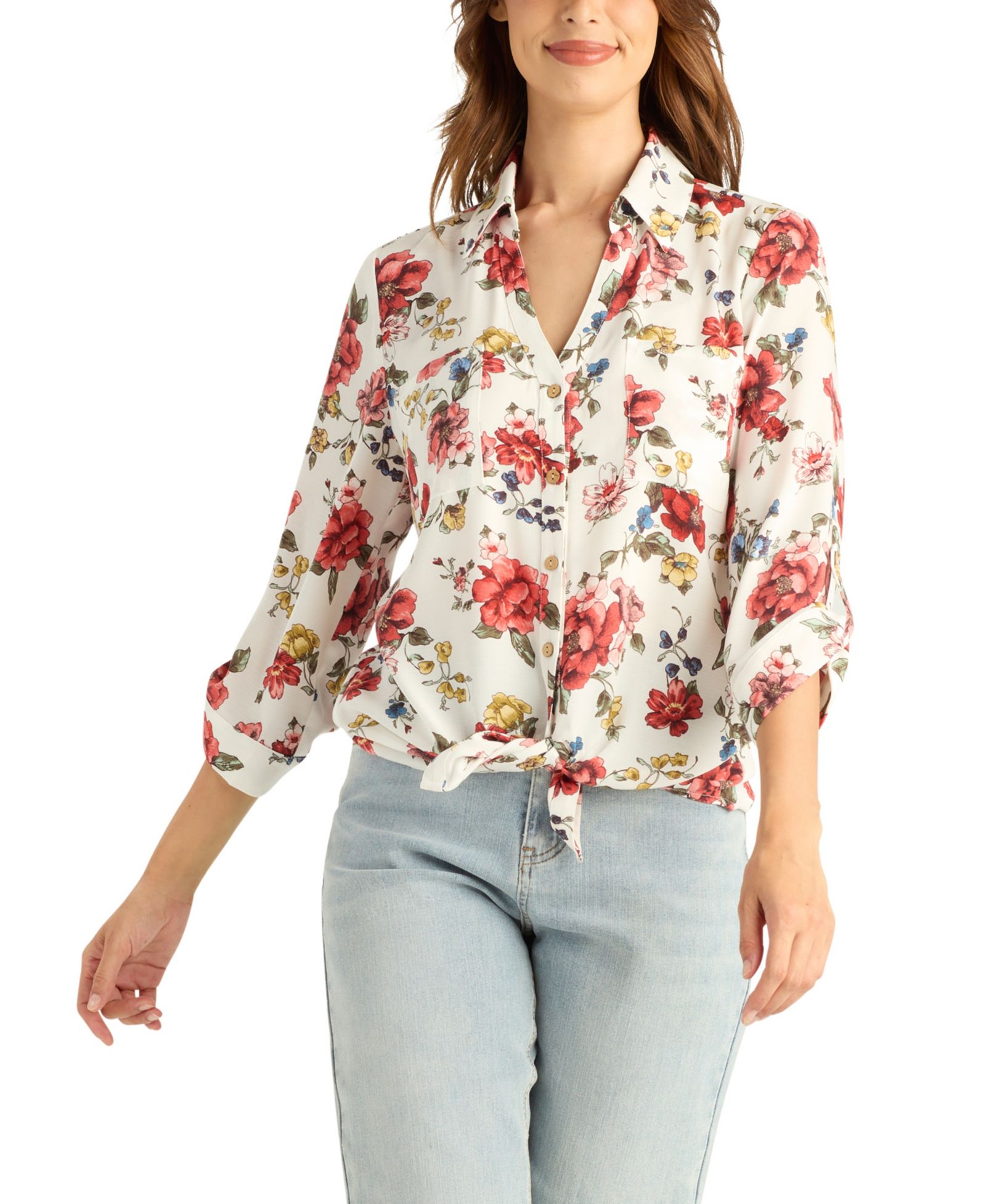 BCX Women's Printed Collared Button-Up Top