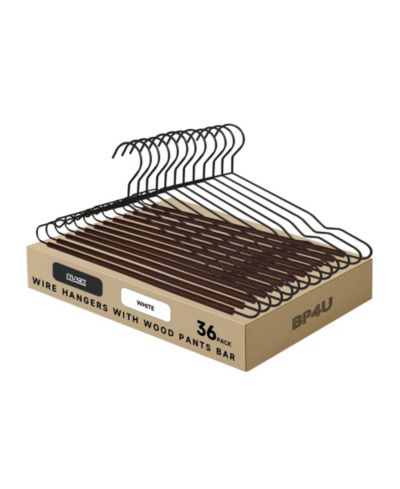 BP4U 36-Pack Heavy Duty Metal Coat Hangers with Wooden Pants Bar, Reinforced Wire Hangers with Beech Wood Trouser Bar for Suits