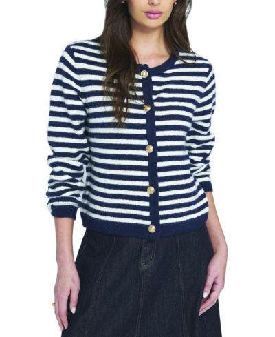 ELLE Collection Women's Fuzzy Striped Cardigan Sweater