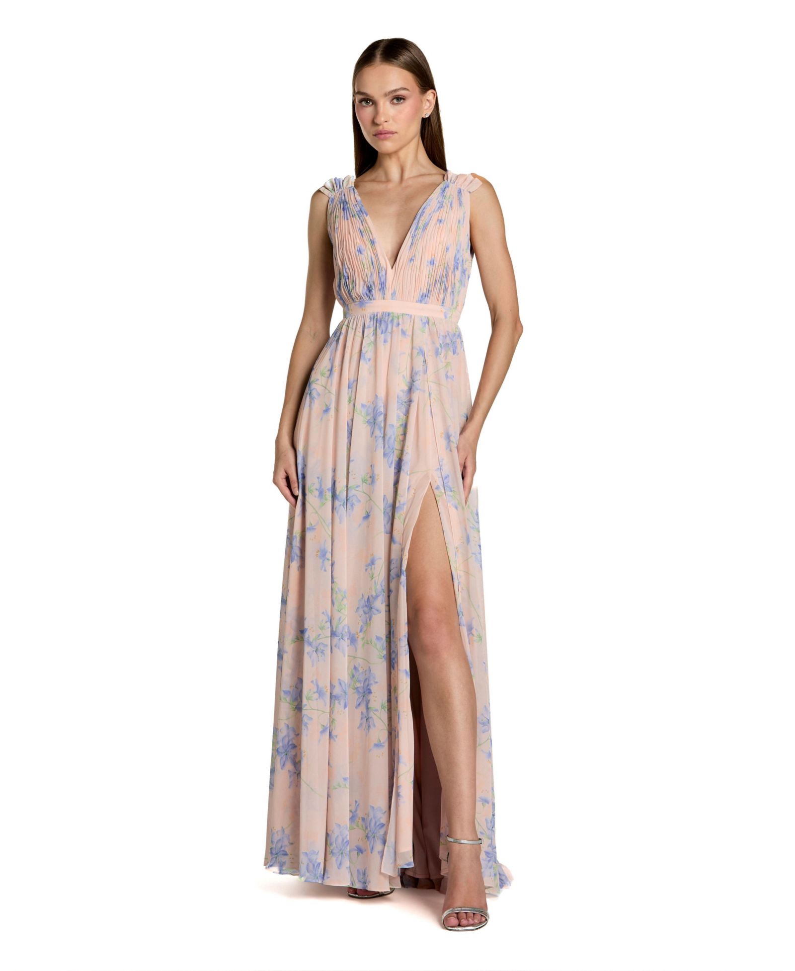 Женское вечернее платье Mac Duggal Sleeveless Pleated Chiffon V-Neck Gown