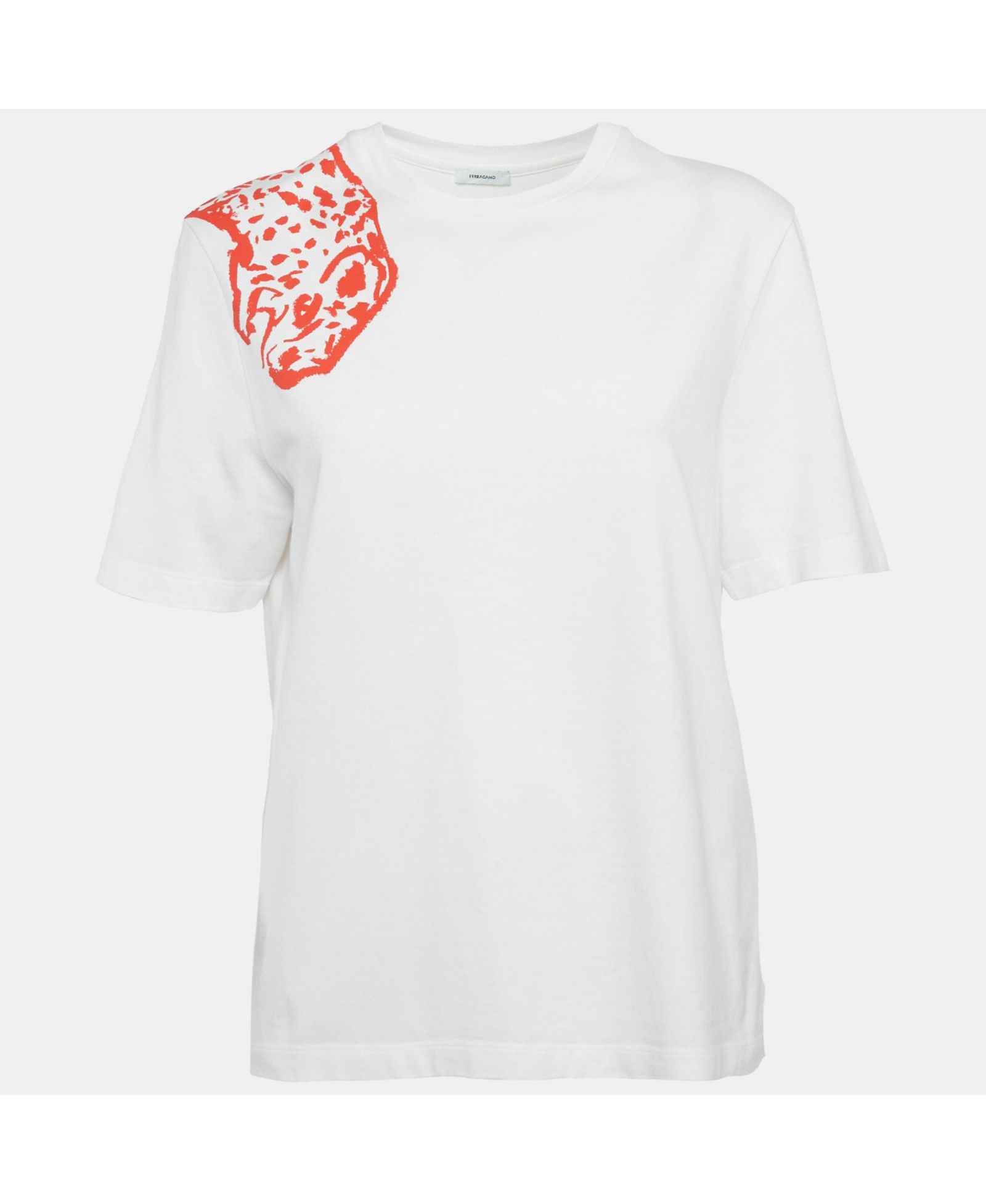Pre-Owned Salvatore Ferragamo Women's White/red Leopard Print Cotton T-Shirt