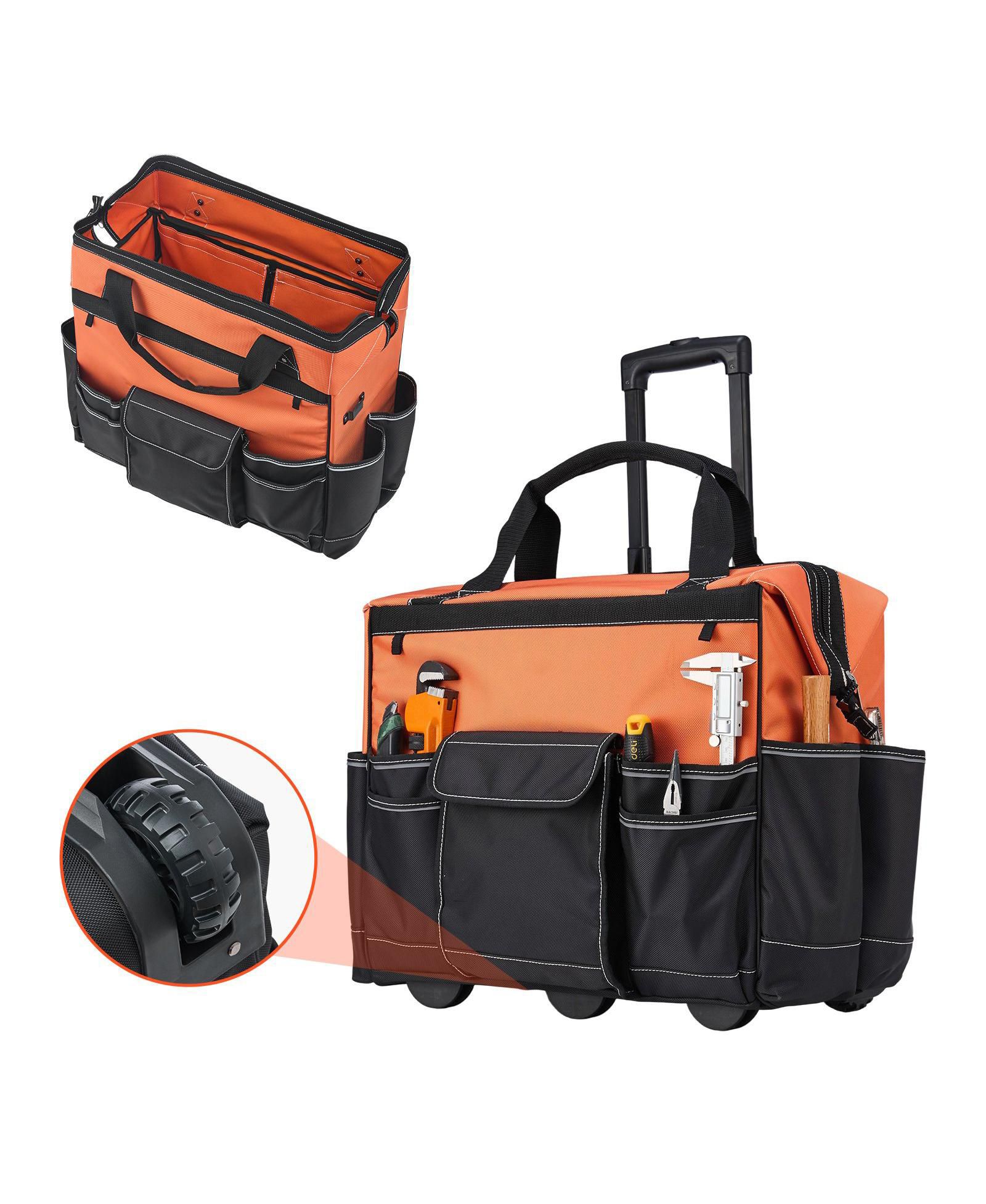 Mecale Rolling Tool Bag on Wheels, 110 lb Capacity, 27 Pockets Heavy-Duty Tool Organizer, Telescoping Handle, Stable Base