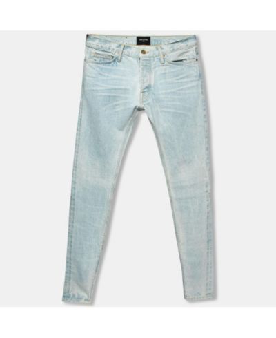 Pre-Owned Fear Of God Men's Blue Distressed Denim Zipped Hem Slim Fit Jeans