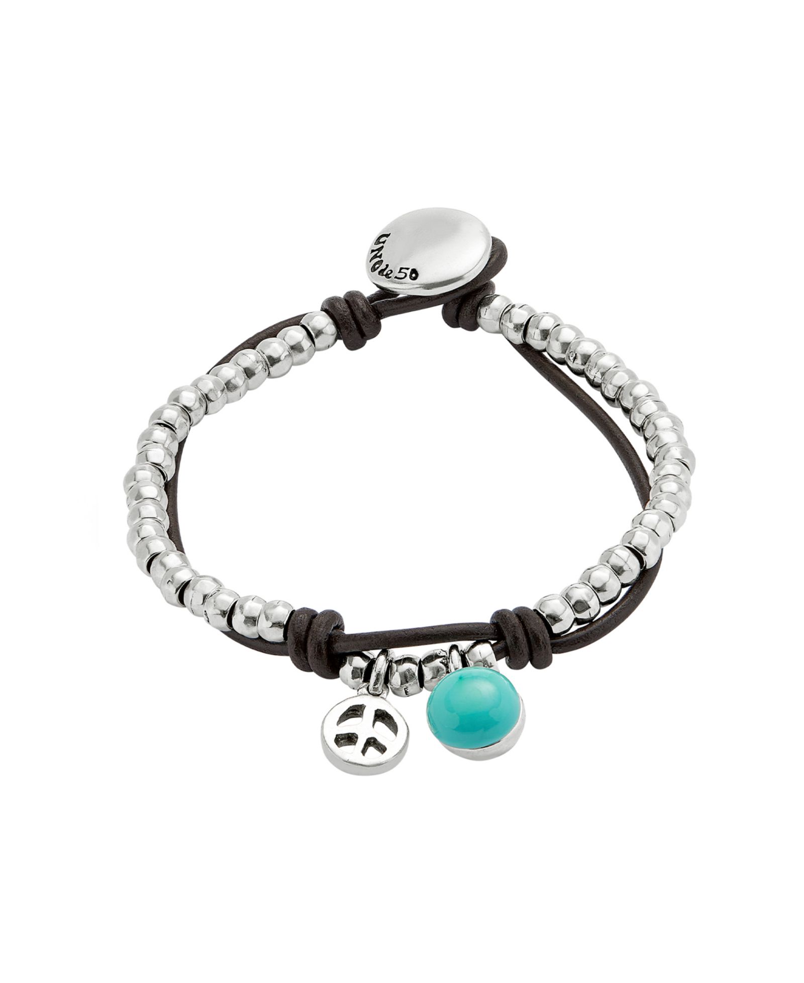 Браслет UNOde50 Silver-Plated Beaded with Leather and Turquoise Murano Glass Beads