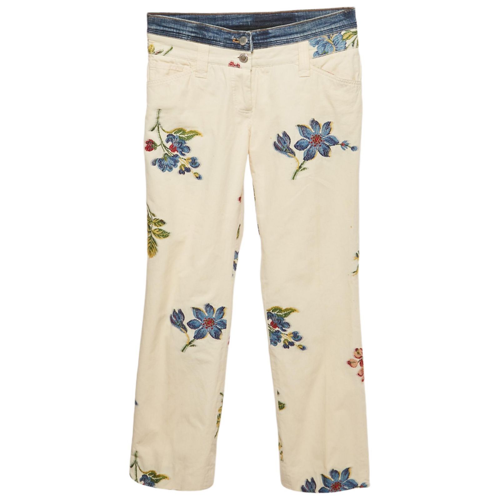 Pre-Owned Dolce & Gabbana Women's Cream Floral Cross Stitch Printed Cotton Pants