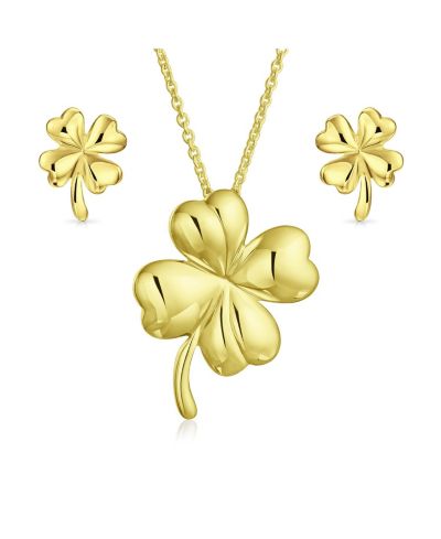 Bling Jewelry Набор сережек-гвоздиков и кулона Lucky Charm Clover, позолоченное серебро 925 пробы