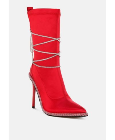 London Rag Women's Dacia Rhinestones Strap Satin Calf Boots