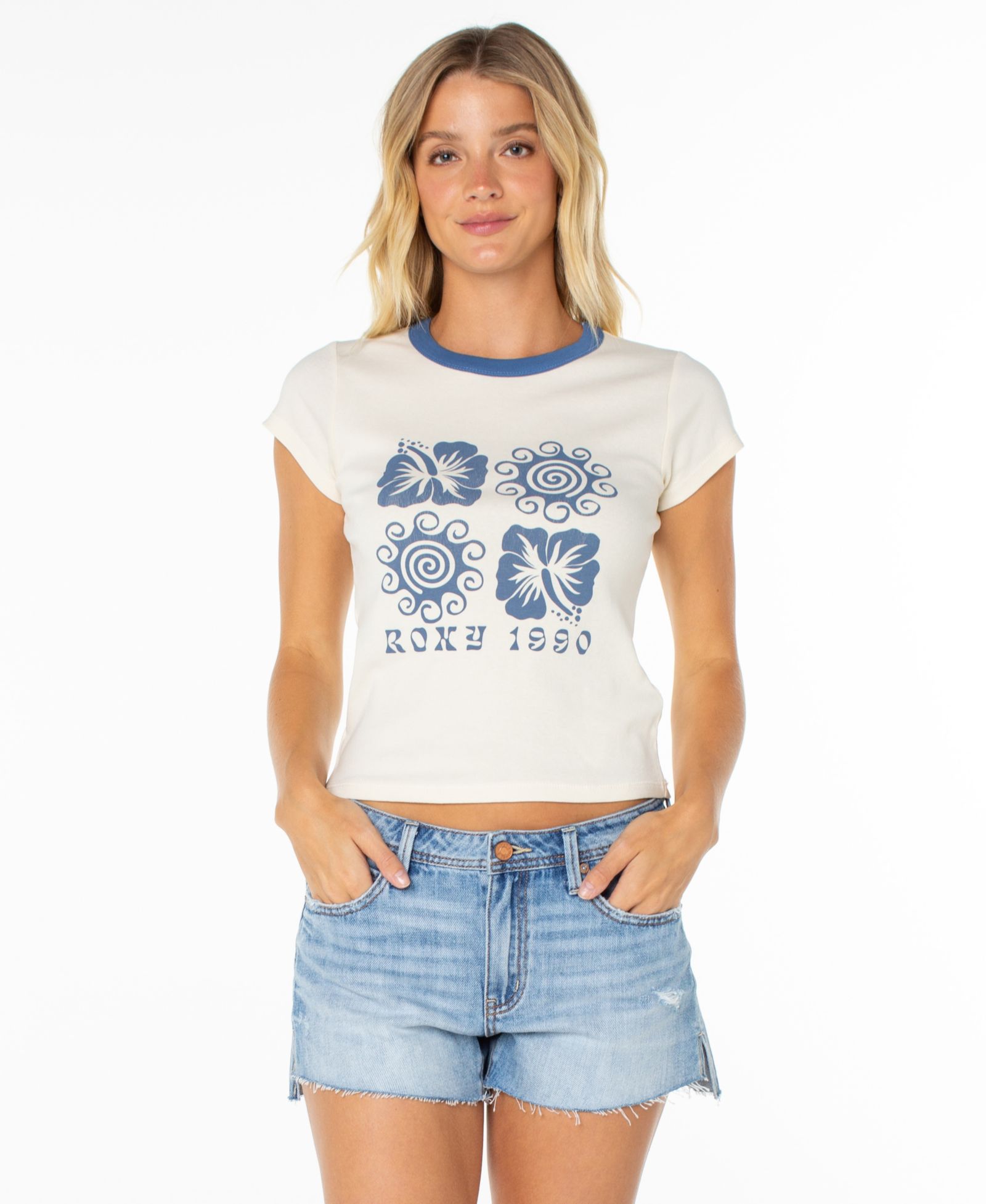 Женская футболка Roxy Hibiscus Swirl Print 90s Baby Crew Neck
