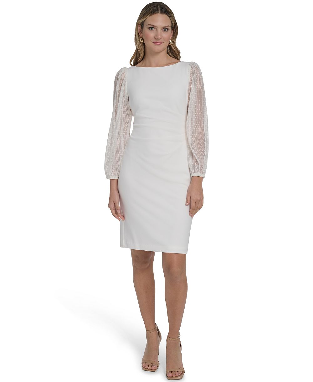 Jessica Howard Petite Side Tuck Long-Sleeve Boat Neck Sheath Dress