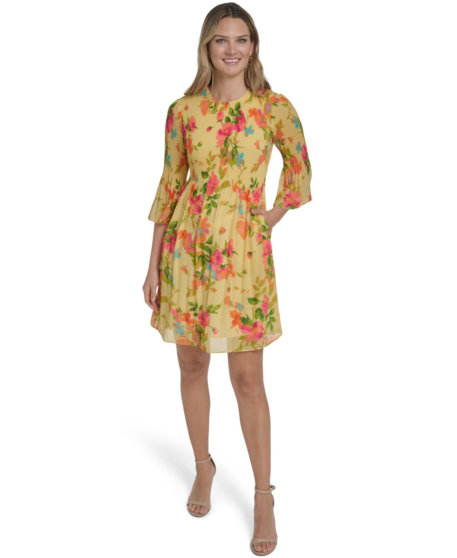 Платье Jessica Howard Petite Bell-Sleeve Jewel Neck Pleated