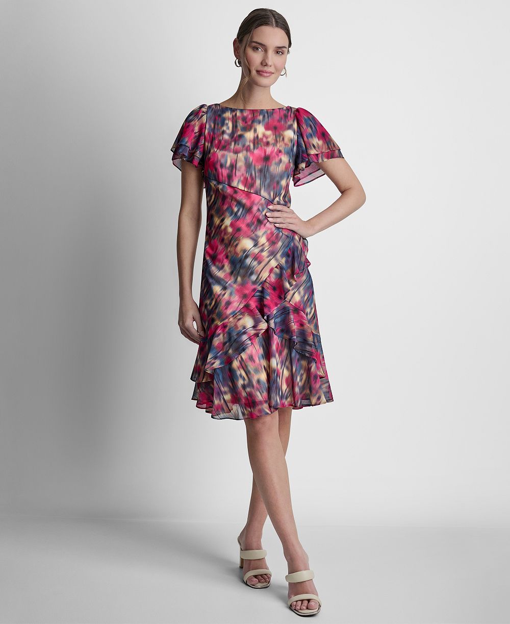DKNY Petite Flutter-Sleeve Jewel Neck Dress