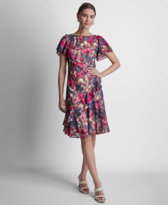 DKNY Petite Flutter-Sleeve Jewel Neck Dress