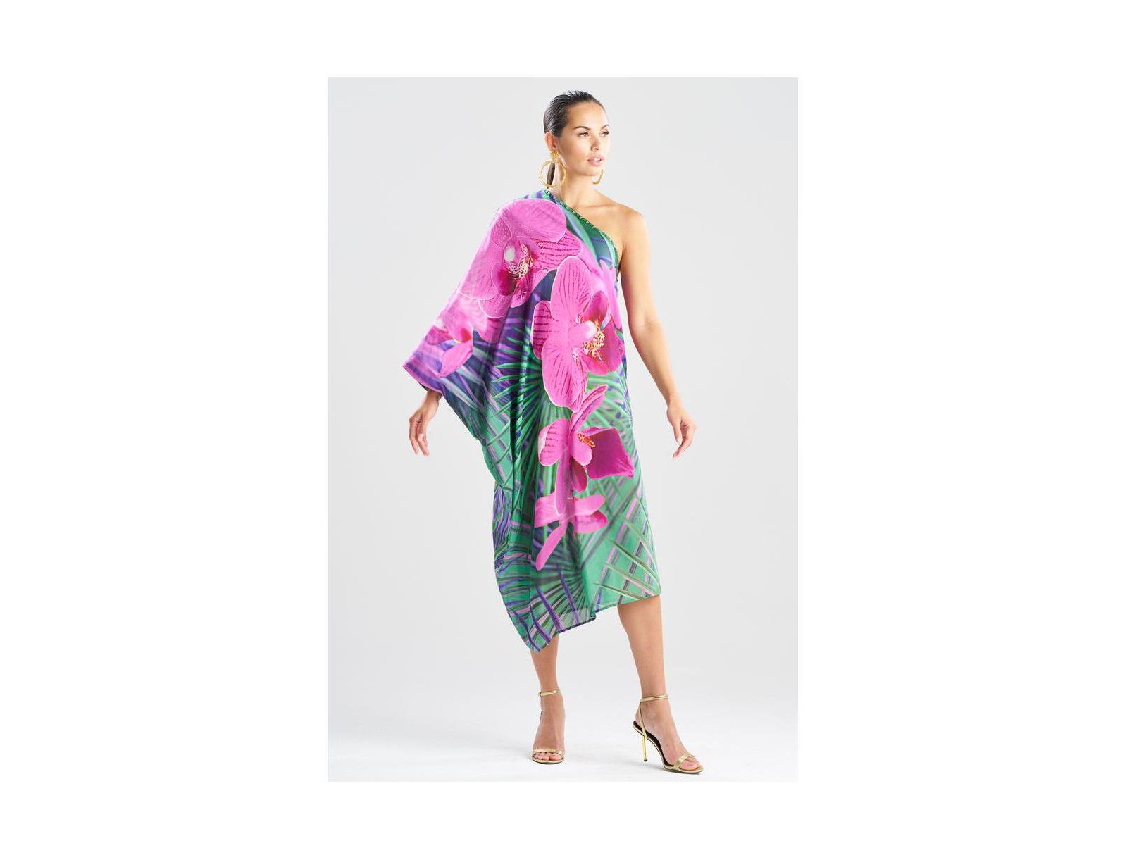 Женский кафтан Natori Orchid из шелкового хлопка с вышивкой бисером на одно плечо