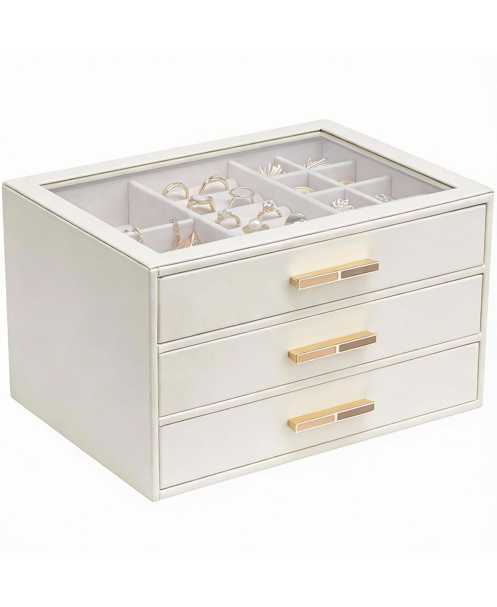YIGII 3 Layer Leather Jewelry Box with Clear Lid and Gold Hardware