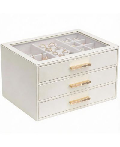 YIGII 3 Layer Leather Jewelry Box with Clear Lid and Gold Hardware