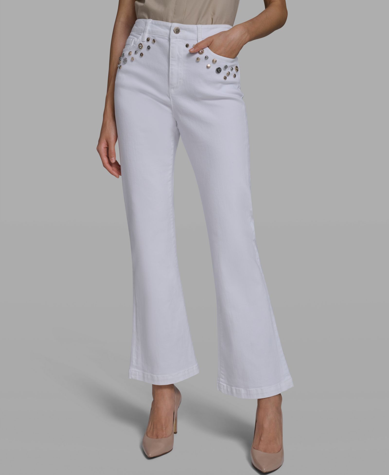 KARL LAGERFELD PARIS Women's Mid-Rise Studded-Pocket Straight Jeans