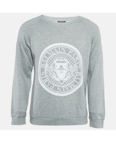 Мужской свитшот Pre-Owned Balmain Men's Grey Printed Cotton Crewneck Sweatshirt