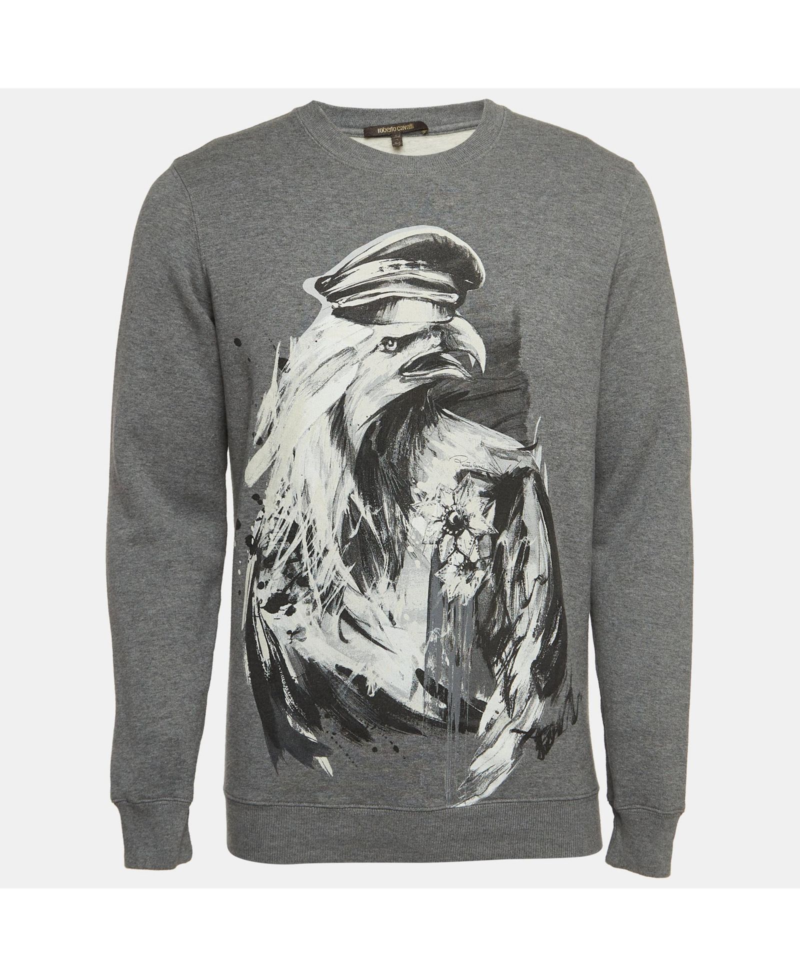 Pre-Owned Roberto Cavalli Men's Grey Eagle Print Cotton Knit Sweatshirt
