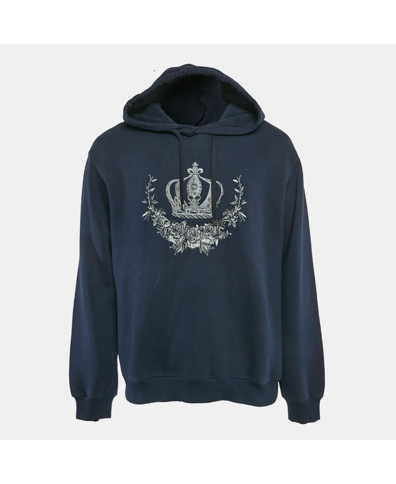 Pre-Owned Dolce & Gabbana Men's Navy Blue Crown Embroidered Cotton Knit Hoodie