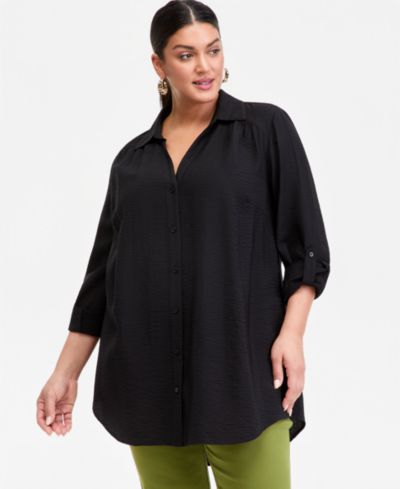 I.N.C. International Concepts Plus Size Roll-Tab-Sleeve Button-Front Tunic, Macy's Exclusive