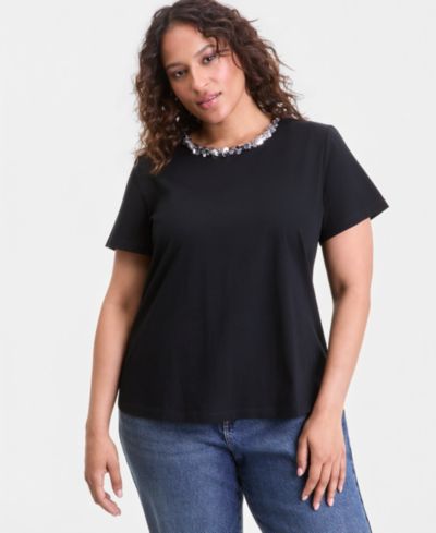 Футболка I.N.C. International Concepts Plus Size Sequin-Neck-Trim