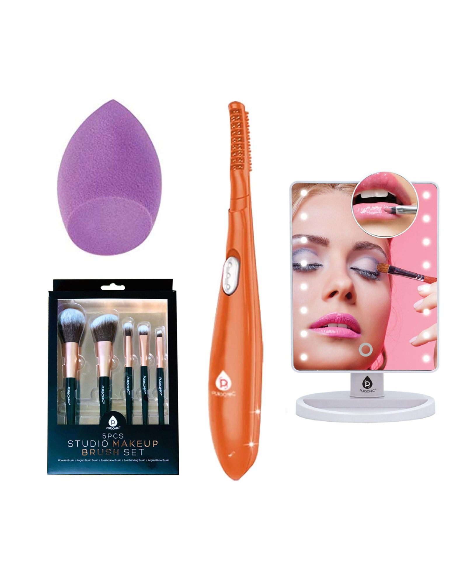 PURSONIC Beauty Collection: Heated Curler, LED Mirror, Blender Sponge, & Brush Set