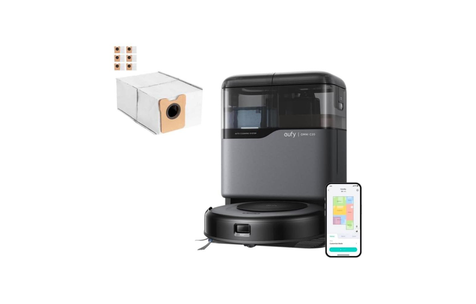 Робот-пылесос eufy Combo Omni C20, робот-пылесос и поломоечная машина + аксессуары, 6 больших мешков для пыли