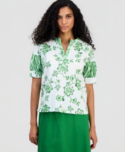 Топ T Tahari Women's Split-Neck Puffed-Sleeve