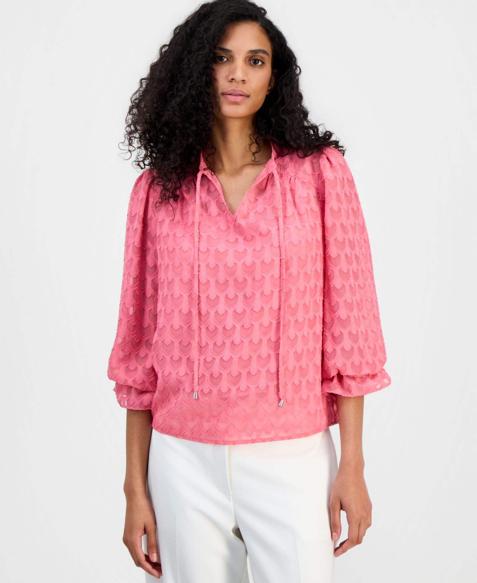 T Tahari Women's Textured Tie-Neck Top