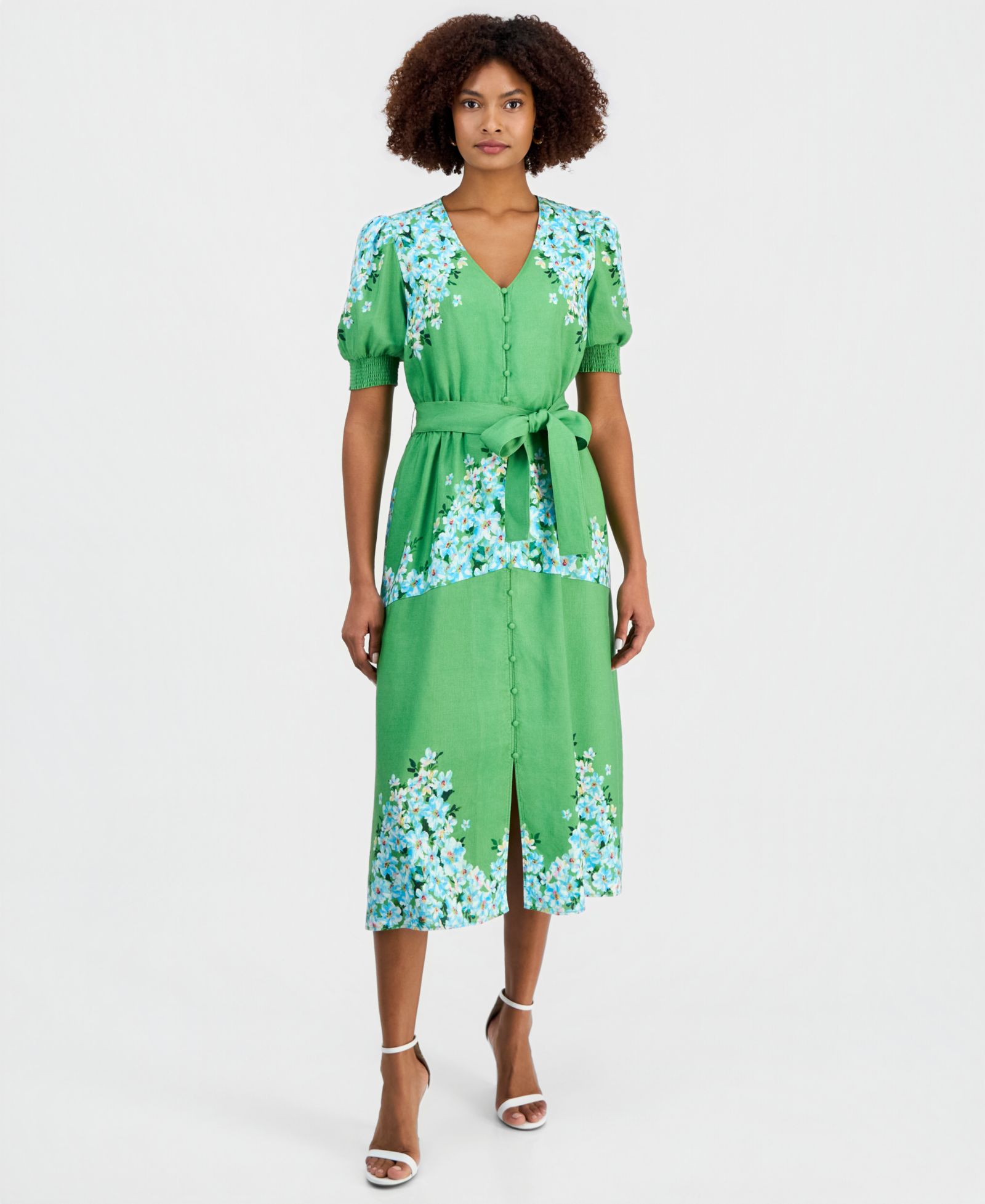 T Tahari Women's Belted Printed Button-Front Midi Dress
