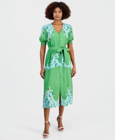 T Tahari Women's Belted Printed Button-Front Midi Dress