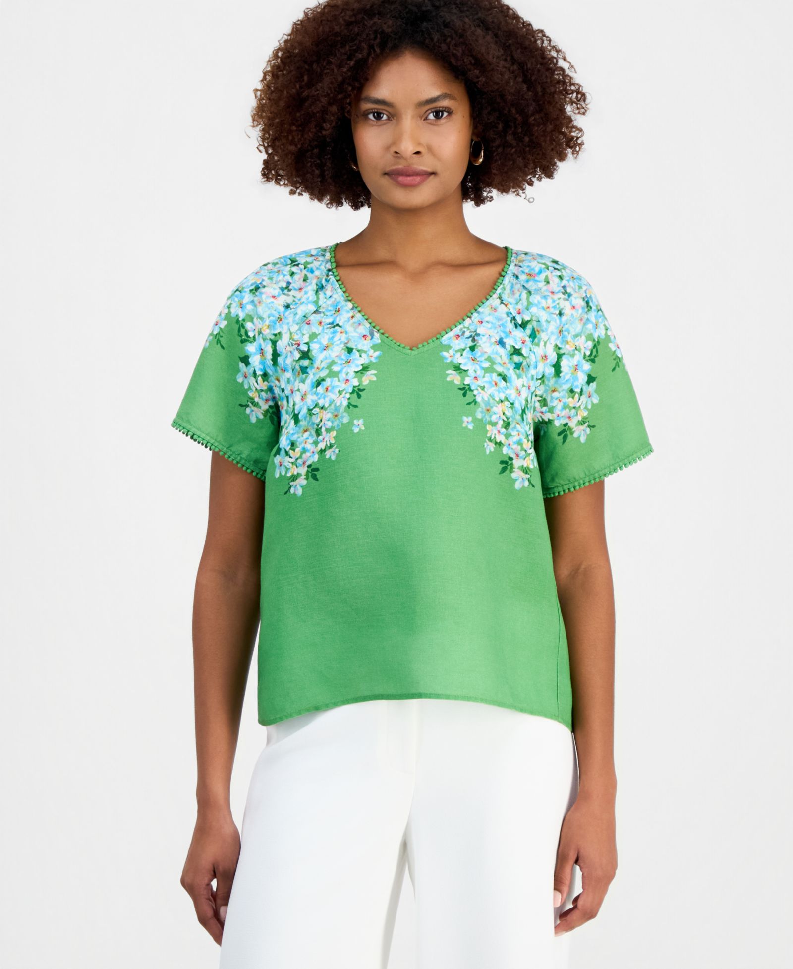 T Tahari Women's Floral V-Neck Short-Sleeve Top