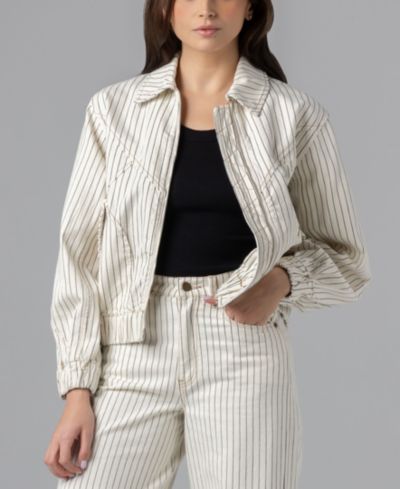 BLANK NYC Women's Striped Rail Road Collared Bomber Jacket