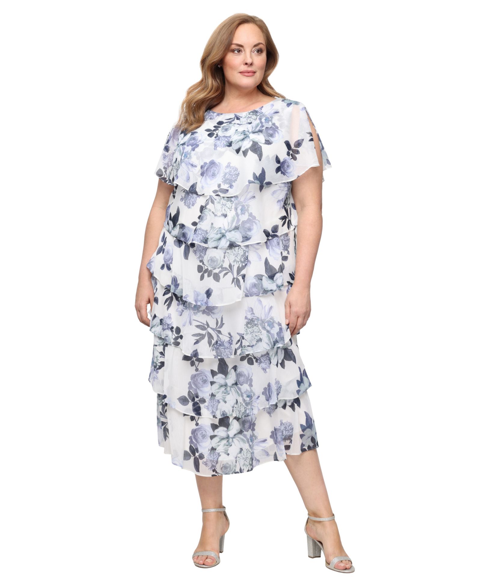 SL Fashions Plus Size Printed Crew Neck Tea Length Dress