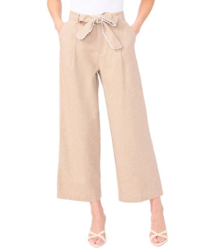 CeCe Women's Linen-Blend Wide-Leg Bow Tie Cropped Pants