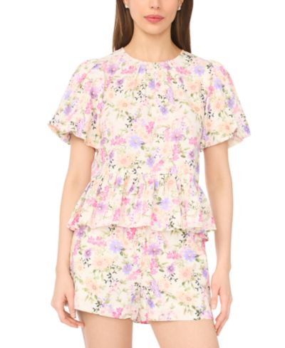 Женский топ CeCe Linen-Blend Floral Puff-Sleeve Peplum
