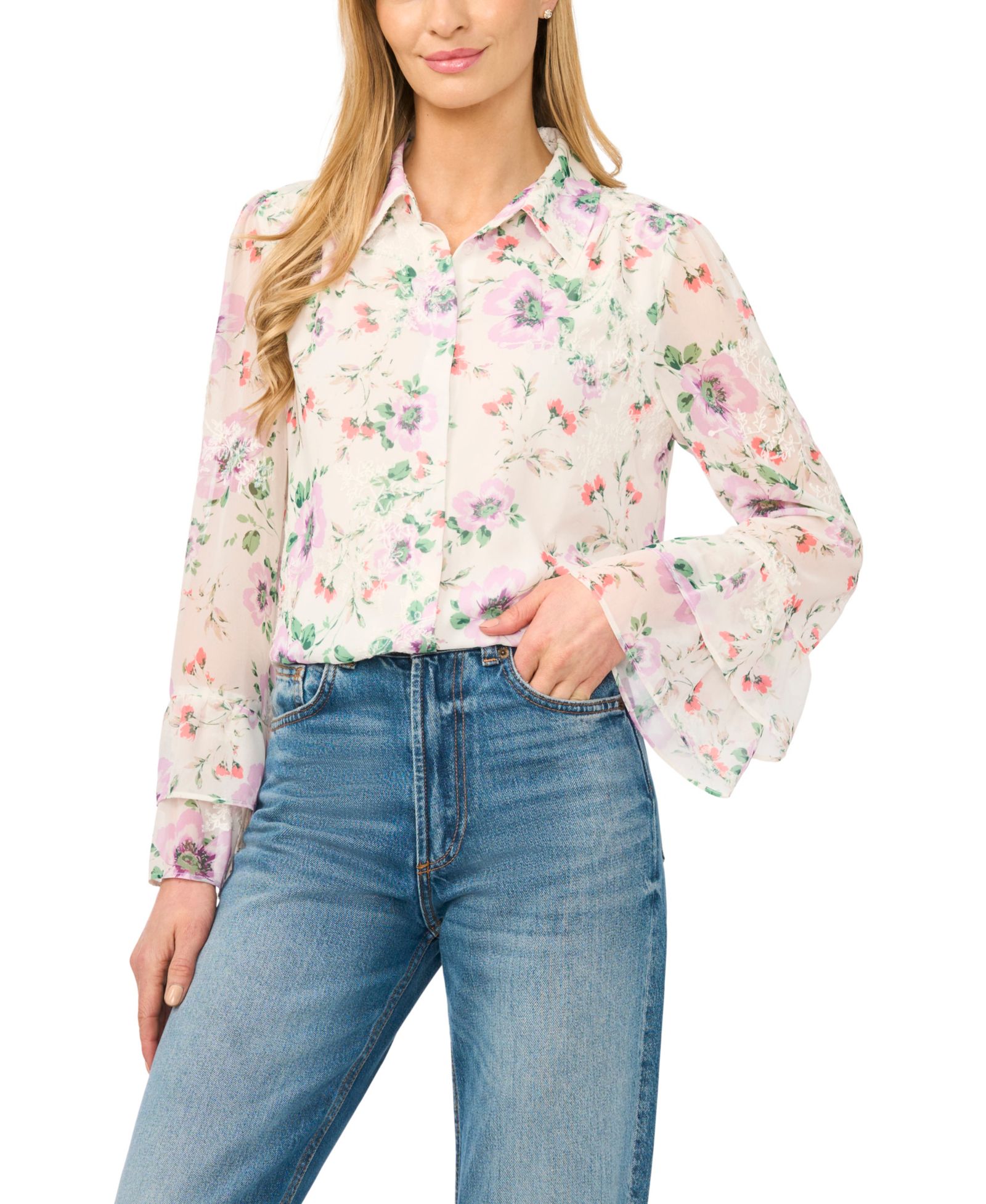 CeCe Women's Printed Collared Long-Sleeve Shirt