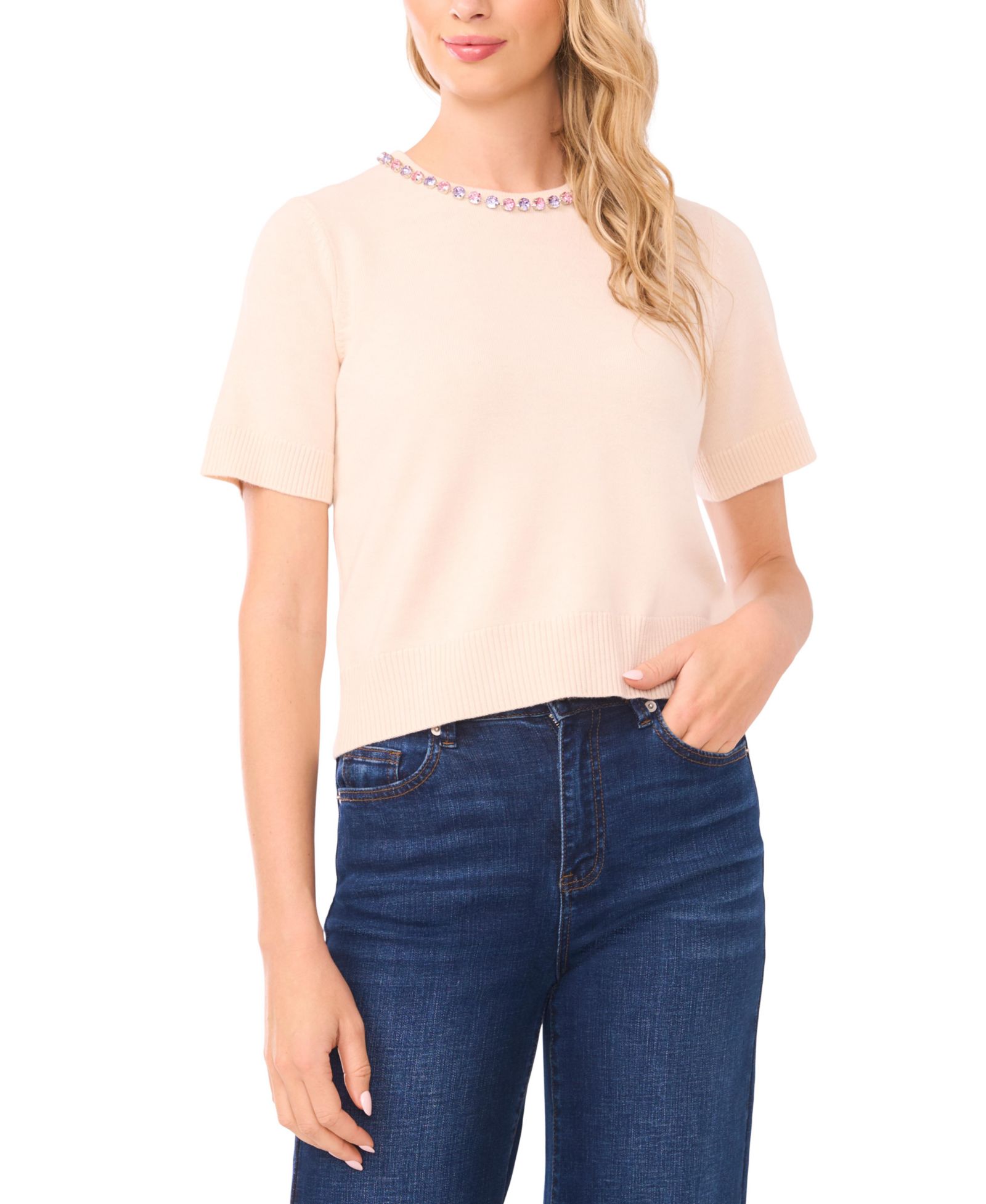 CeCe Women's Embellished Detail Crew Neck Sweater