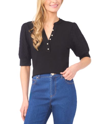 Топ CeCe Women's Imitation Pearl Button Henley Puff 3/4-Sleeve