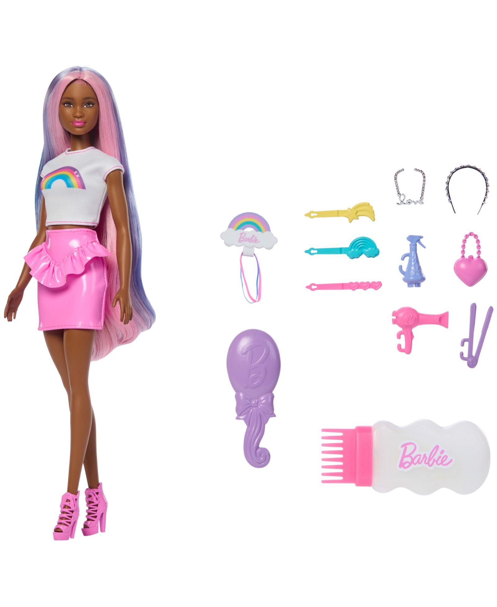 Barbie Rainbow Sparkle Hair Fashion Doll with Glitter Comb & Styling Accessories, Ages 3+