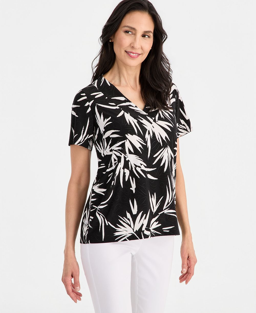 Женский топ JM Collection Printed Short Sleeve V-Neck Jacquard