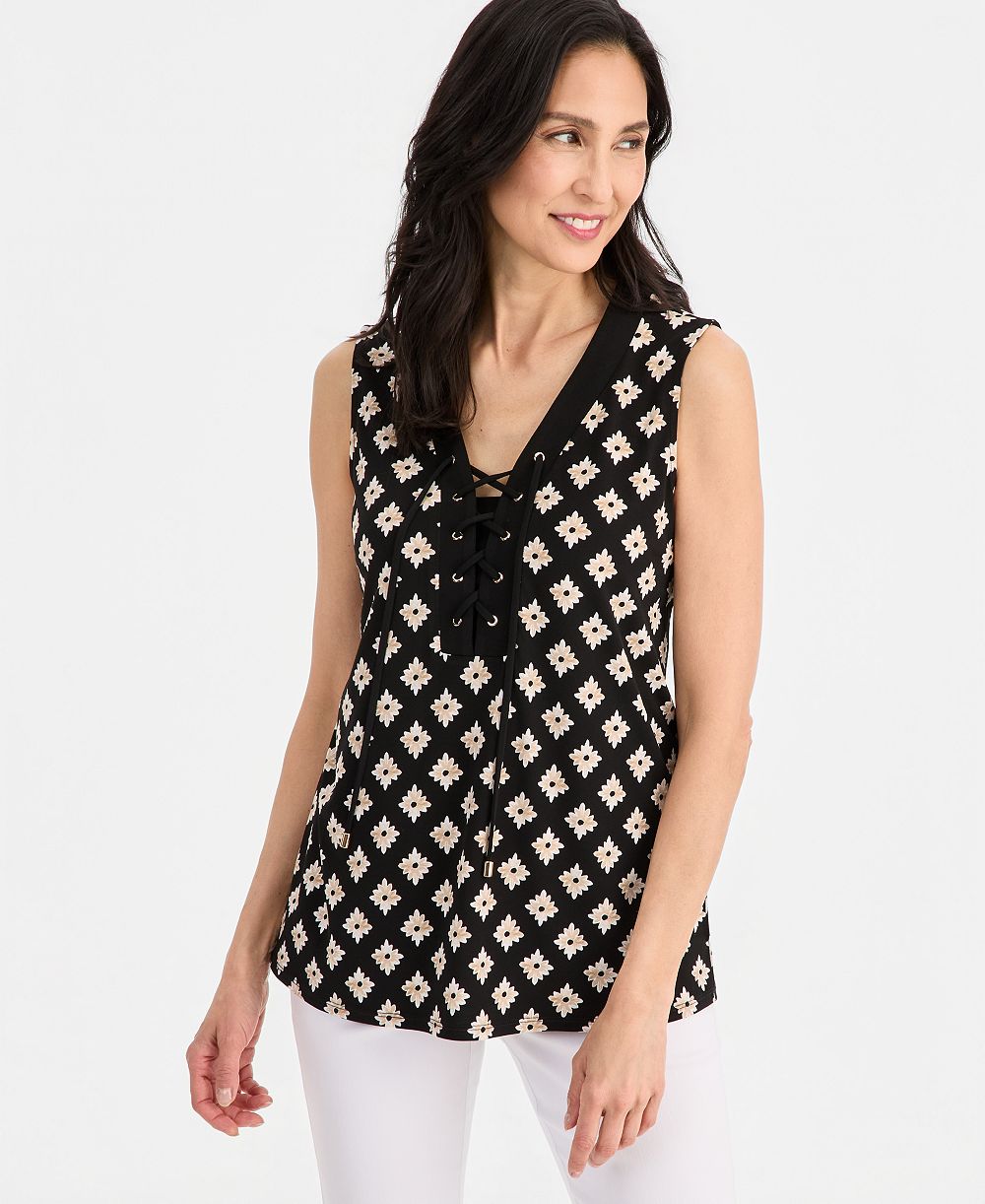 JM Collection Petite Printed Lace-Up Sleeveless Top, Macy's Exclusive