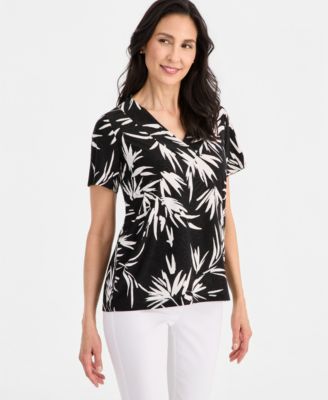 JM Collection Petite Printed Short Sleeve V-Neck Jacquard Top, Macy's Exclusive